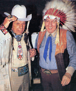 Birds of a feather flock together at the 1986 Golden Boot Awards...Iron Eyes Cody and Pat Buttram. 