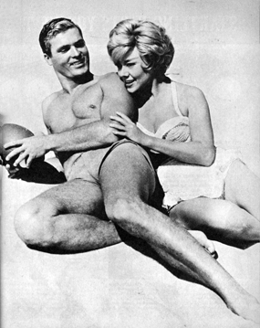 Ty "Bronco" Hardin and wife Marlene relax on the beach in 1964. They met while Ty was filming "P.T. 109" ('63). 