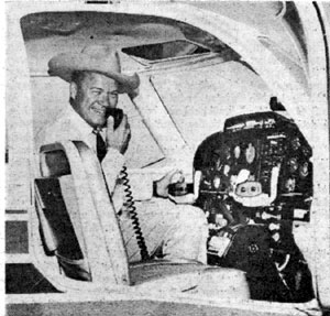 Kirby Grant, best known as TV’s “Sky King”, is perched here on the flight deck of the new Sky Knight which he just test-hopped at the Wichita, Kansas, aircraft plant in the Fall of ‘62. Kirby took his annual refresher course in Wichita and at the same time toured the assembly line at the factory.