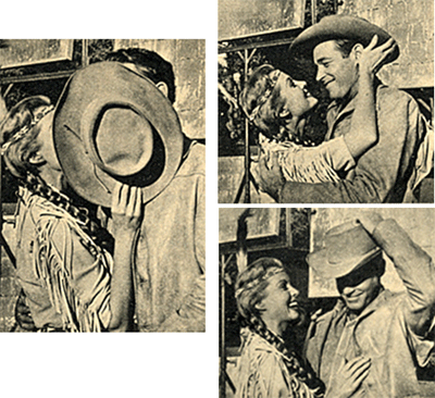 An old Indian hat trick...Rhonda Fleming and Guy Madison clowning around on the set of "Bullwhip" ('58).