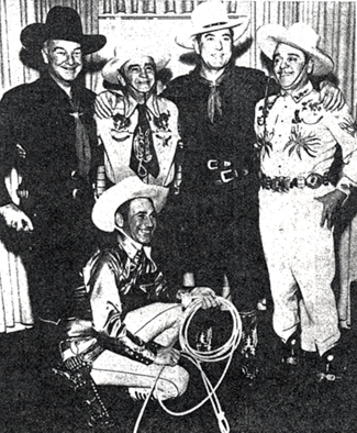 Showman Montie Montana poses in 1955 with some friends (L-R) William Boyd as Hopalong Cassidy, L.A. County Sheriff Eugene W. Biscailuz, Johnny Mack Brown and Leo Carrillo.