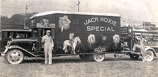 Jack Hoxie traveled with Downie Bros. Circus in 1934 accompanied by his wife Dixie Star and horses Dynamite and Scout.