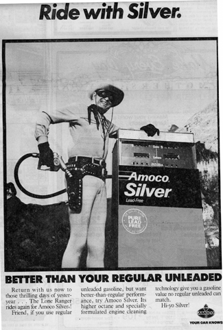 Clayton Moore, Lone Ranger ad for Amoco Silver gasoline in 1987. Note the gaspump replaces his gun in the holster in this ad.