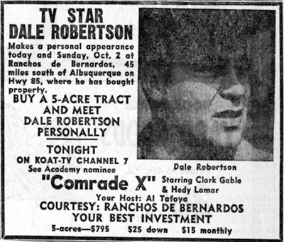 Newspaper ad for personal appearance of Dale Robertson in Albuquerque, New Mexico in October, 1960.