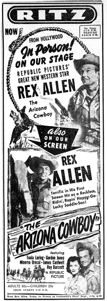 Newspaper ad for in-person appearance of Rex Allen in Memphis, Tennessee, April 4, 1950.