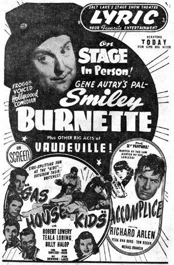 Smiley Burnette personal appearance in Salt Lake City, Utah, 1946. (Thanx to Billy Holcomb.)