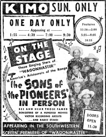The Sons of the Pioneers in person at the Kimo Theater in Albuquerque, New Mexico in 1950.