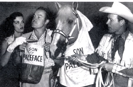 A Paramount Pictures gag shot for “Son of Paleface” (‘52) shows Bob Hope and Trigger both wearing their feedbags as Roy Rogers holds Trigger’s reins and Jane Russell offers Hope a carrot.
