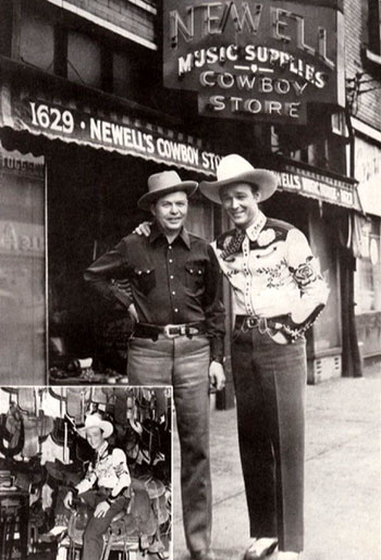 Roy Rogers with Walter Newell in front of Newell's Cowboy Store in St. Louis, Missouri. Inset photo shows Roy inspecting the Newell saddle shop. (Thanx to Bobby Copeland.)