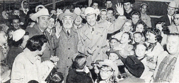 Roy Rogers and Gabby Hayes are greeted by the Mayor of Ft. Worth (right of Gabby) in 1958 as Roy arrives to host a TV special at the annual Ft. Worth Stock Show.