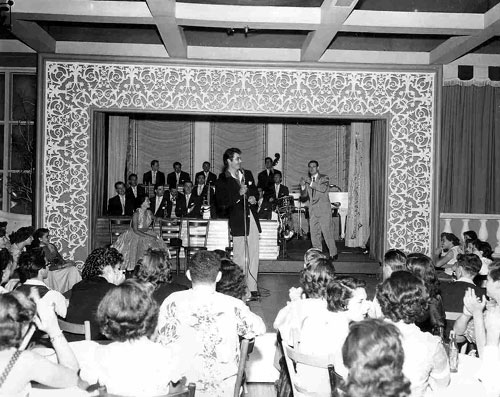 Rory Calhoun emcees for Ray Anthony and his Orchestra at the opening of Anthony’s gig at Ciro’s in the mid ‘50s.