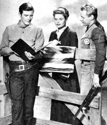 The cast of “Black Saddle”, Peter Breck (Clay Culhane), Ana-Lisa (Nora Travers) and Russell Johnson (Marshal Gib Scott) take a look at their latest script.