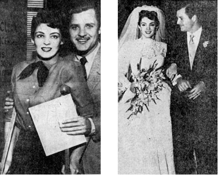 Suzan Ball, the 21 year old actress whose career was interrupted by the amputation of her right leg, is shown on March 31, 1954, at Santa Monica, CA, obtaining a wedding license with Richard Long (“Big Valley”). The second photo was taken immediately after their wedding on April 11, 1954. Suzan managed to walk down the aisle without the aid of crutches having spent several days before the marriage practicing with her new artificial plastic leg. Among the 200 wedding guests were Jeff Chandler, Julie Adams and Mala Powers.