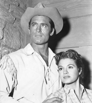 Clint Walker and Angie Dickinson pose for the cameras while filming “Cheyenne: War Party” in ‘57.
