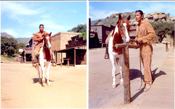 Jay Silverheels as Tonto rides into Corriganville, stops at the hitch rail and is ready for action in these gorgeous early publicity shots for "The Lone Ranger". (Thanx to Neil Summers.)