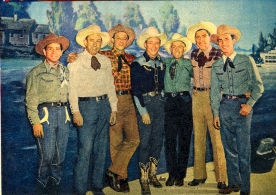 Roy Rogers with the Sons of the Pioneers (L-R) Shug Fisher, Karl Farr, Bob Nolan, Roy, Tim Spencer, Hugh Farr, Ken Carson.