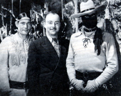 Chief Thunder Cloud as Tonto, supervising producer Bob Beche and Lee Powell behind the mask for Republic’s 1938 serial “The Lone Ranger”.