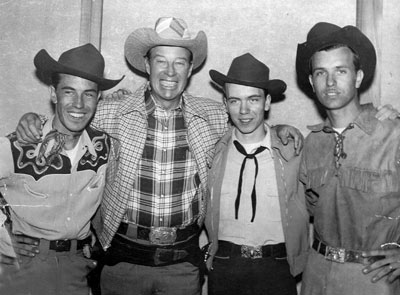 Wild Bill Elliott with western swing band Lucky Wray and the Lazy Pine Wranglers aka the Palomino Ranch Hands. (L-R) Link Wray, Doug Wray and Vernon “Lucky” Wray some time in the early ‘50s. After Vernon left the group, Link Wray went on to have a major career as a rock ‘n&tsquo; roll guitarist beginning with “Rumble” in ‘58. (Photo courtesy Bobby Copeland.)