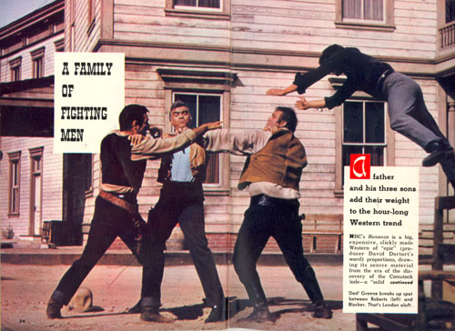 Lorne Greene breaks up a spat between Pernell Roberts and Dan Blocker on “Bonanza”...that's Michael Landon in mid-air. Article from November 7, 1959 TV GUIDE.