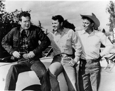 Rodeo star and sometime actor/stuntman Casey Tibbs with Audie Murphy and Guy Mitchell. Probably during the time of Audie and Guy’s “Whispering Smith” TV series. 