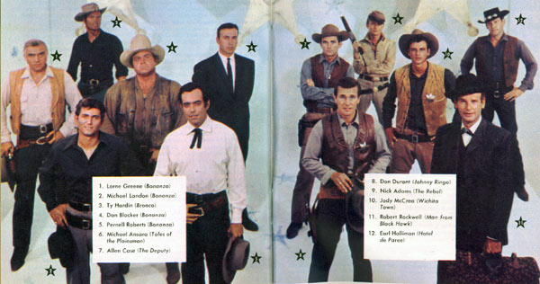 TV GUIDE photo spread from September 1959 as nine new TV westerns hit the trail. (L-R) Lorne Greene, Michael Landon, Dan Blocker, Pernell Roberts of “Bonanza”; behind them Ty Hardin in “Bronco”; Michael Ansara in “Law of the Plainsman&rduo;...note the show is called “Tales of the Plainsman” here; Don Durant in “Johnny Ringo”; Allen Case in “The Deputy”; Nick Adams as “The Rebel”; Jody McCrea in “Wichita Town”; Robert Rockwell as “The Man from Blackhawk” and Earl Holliman in “Hotel de Paree”.