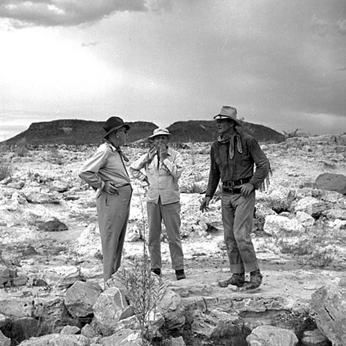 John Ford, director John Farrow and John Wayne on location in Mexico for “Hondo”. Ford actually shot some scenes for the film.