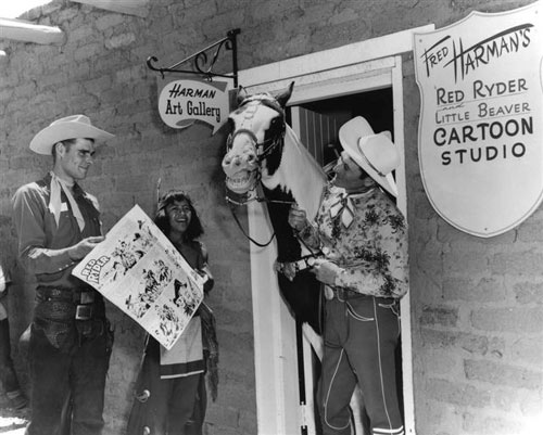 Trick rider and actor Montie Montana (right) visits the Fred Harman cartoon studio circa late ‘40s. (Thanx to Bobby Copeland.)