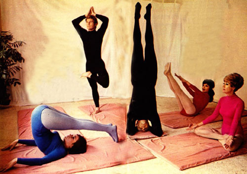 Yoga anyone? From a ‘60s TV GUIDE spread (L-R) Diane Roter and Don Quine from “The Virginian”, actor John Saxon, actress Dodie Marshall and instructor Virginia Denison. (Thanx to Diane Roter.)