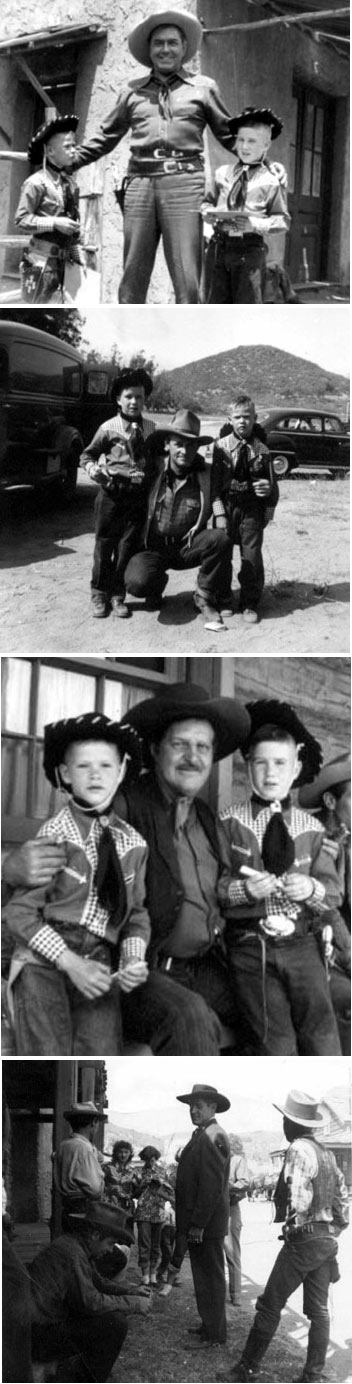 Two young cowboys visited Iverson’s Ranch during the making of a Johnny Mack Brown Monogram B-western...very likely “Whistling Hills” (‘51). (Top to Bottom) Johnny Mack Brown, Lee Roberts, Frank Ellis, Marshall Reed with Danny Sands seated in foreground and Whitey Hughes on the right, back to camera.