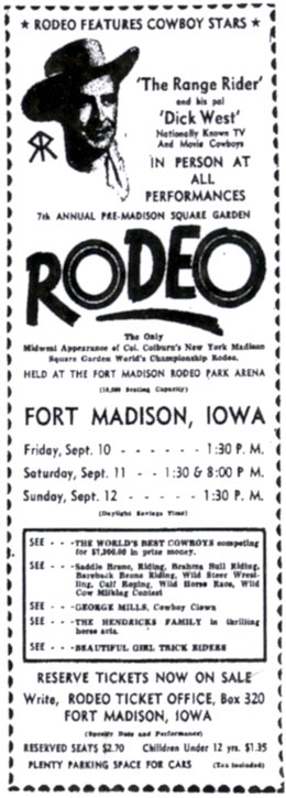 The Range Rider (Jock Mahoney) and Dickie West (Dick Jones) at Fort Madison, Iowa, in September 1954.
