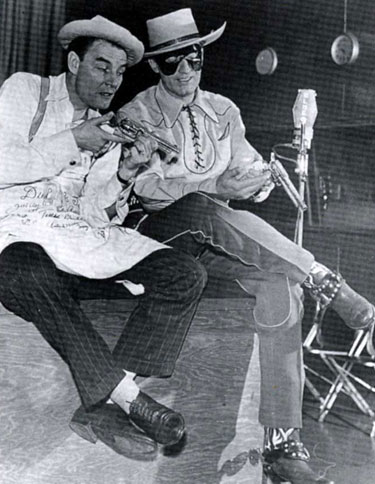 Ed “Archie” Gardner and guest Brace (“Lone Ranger”) Beemer during a “Duffy’s Tavern” radio show rehearsal break.