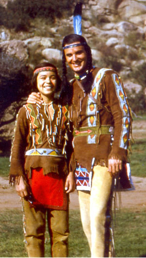 Tony Numkena and Keith Larsen pose for the camera during a break in the filming of TV’s “Brave Eagle”. (Thanx to Tony Numkena.)