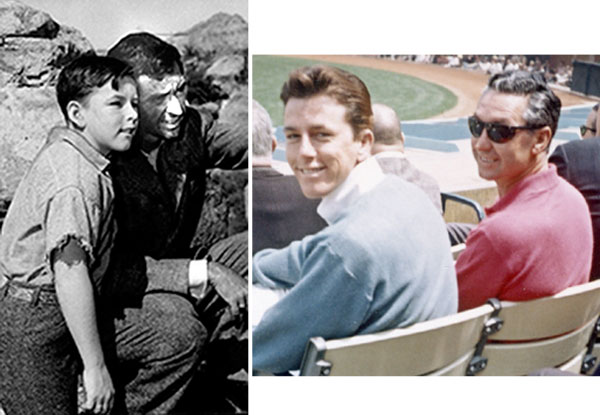 Both Jimmy Hawkins, who became Tagg on “Annie Oakley”, and James Griffith worked extensively for Gene Autry and became close friends over the years. On the left they’re seen in “Death Valley Days: Solomon and All His Glory” (‘53). Ten years later in ‘63 Jimmy and Jim are seen attending a baseball game at Dodger Stadium. (Thanx to Jimmy Hawkins.)