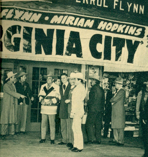 Revelry in Reno! For the premiere of Warner Bros.' "Virginia City" ('40), Warners sent a host of stars to Reno, NV, including (Center L-R) Buck Jones in his Hudson Bay coat, Errol Flynn, William Boyd and Tom Mix. 