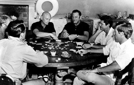 Poker with the “Magnificent 7”. (L-R) Robert Vaughn, Steve McQueen, Horst Bucholtz, Yul Brynner, Brad Dexter, Charles Bronson, James Coburn. 