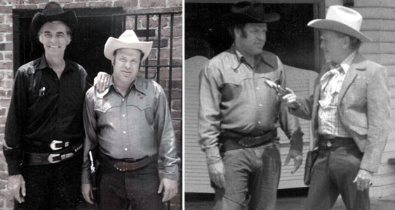 Back in the ‘70s, after the filming of “Buckstone County Prison”, Sunset Carson and some backing partners opened up Sunset Carson’s Carson City Western tourist attraction in Chimney Rock, NC. Pictured are Rory Calhoun and Jerry Whittington in front of the Carson City jail and Jerry Whittington and Don Barry in front of the saloon. (Thanx to Jerry Whittington.)