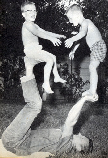 Star of “Outlaws”, Don Collier, has a little backyard fun with his son Don Jr., 6, and stepson Dave, also 6. Don Jr. is Collier’s son by his wife Pamela and Dave is the son of his then wife Joanne. This photo from 1961.