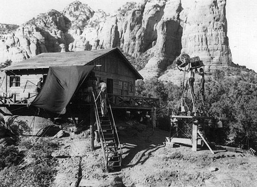 A set for “Johnny Guitar” built at the foot of Coffee Pot Rock in Sedona, AZ. (Thanx to Jerry Whittington.)