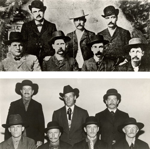 “Death Valley Days” researchers obtained an actual photo of the famous Dodge City Peace Commission (top) to use as typecasting for the “Extra Guns” episode starring Guy Madison (below center). Top photo (L-R) are W. H. Harris, Luke Short, Bat Masterson, Charlie Bassett, Wyatt Earp, Frank McClain and Neil Brown. (Thanx to Neil Summers.)