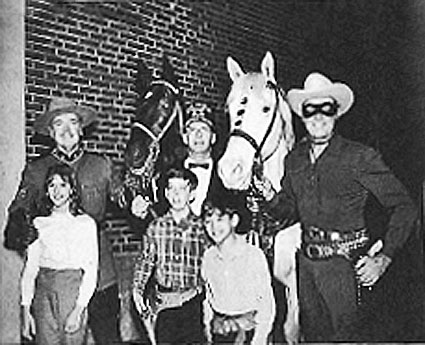 Sgt. Preston of the Yukon (Richard Simmons) and The Lone Ranger (Clayton Moore) appeared together at the Shrine Circus in Harrisburg, PA. Roy E. Walters Sr., Freeman and Noble of Zembo Temple stands between them. (Thanx to Janet Brayden and REMINSCE magazine.)