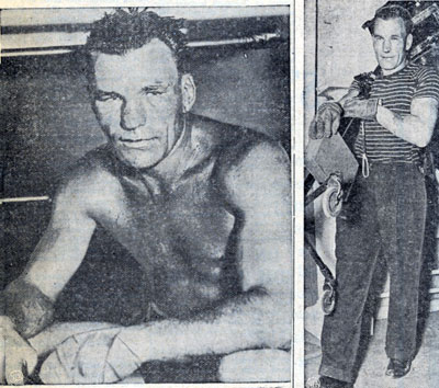 Two photos of 36 year old Jack Roper in February 1939. Roper was in training for his World Heavyweight Boxing Championship fight with Joe Louis. In the fight on April 17, 1939, Roper was KO’d in the first round. Roper, who had scored nine first round knockouts in his career briefly stunned Louis in the first round before being knocked out in 2 minutes 22 seconds. The entire fight can be seen on You Tube. Roper compiled a professional boxing record of 54-44-9 with 27 knockouts. Roper was born March 25, 1904, in Ponchatoula, LA. Besides his boxing career, he acted in films from 1928-1952 and worked in between films as an electrician in movie studios. Roper’s Westerns were “Flaming Frontiers” serial (‘38) w/Johnny Mack Brown; “Wall Street Cowboy” (‘39) w/Roy Rogers; “Heroes of the Saddle” (‘40) w/The Three Mesquiteers; “West of Carson City” (‘40) w/Johnny Mack Brown and Bob Baker; “Ridin’ the Cherokee Trail” (‘41) w/Tex Ritter; “North from the Lone Star” (‘41) w/Bill Elliott; “Lone Star Lawmen” (‘41) w/Tom Keene; “Rolling Down the Great Divide” (‘42) w/Lee Powell, Art Davis and Bill Boyd; “Dakota” (‘45) w/John Wayne and a “Cisco Kid” TV episode in ‘50. He’s also in seven Joe Palooka Monogram features in the late ‘40s. Roper died at 62 November 1, 1966, of throat cancer.