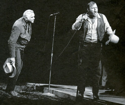 “Bonanza”’s Lorne Greene and Dan Blocker in one of their in-person comedy routines they performed at fairs and rodeos.