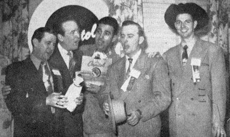 Pee Wee King, Red Foley, Tennessee Ernie Ford, Jimmy Wakely and Hank Thompson. There’s a Capitol Records sign behind them but not sure for what event this photo was taken circa 1950.