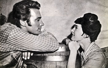 Clint Eastwood and Margaret O’Brien during a break from filming “Rawhide: Incident of the Town in Terror”.