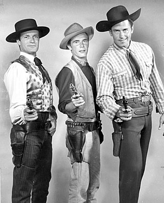 Hugh O’Brian, John Lupton and Clint Walker promote ABC’s 1956 lineup of Westerns: “Wyatt Earp”, “Broken Arrow” and “Cheyenne”.