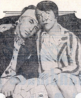 This August 24, 1928, photo of cabaret comedian Will Morrissey and his wife actress Midgie Miller was taken shortly after the couple mixed with Tom Mix during the housewarming party given by actor George Beban. Morrissey said Tom’s horse Tony had a great future in the talkies. He said, “The horse could at least snort, but what could Tom do?” The comedian told police officers he offered to shake hands with Mix when the party broke up but Mix struck him on the jaw instead. Morrissey stated, “I knocked him down twice then the rug slipped from under me. I fell backward and those high heels of Tom’s boots thumped my head like a drum but I got a break—Tony wasn’t there.” Mrs. Morrissey stated her husband was knocked down and Mix “was kicking him horribly. I tried to come to Will’s aid but Mix cracked me in the eye.” Mix said the comedian had been abusive all evening and when the party broke up Morrissey followed him to the door and “swung on me a few times.” Mix said he pushed the comedian away but when Morrissey continued following him and calling insults, he turned and knocked his pursurer down. “Some woman grabbed me but I just shook her off,” Mix said. “I certainly didn’t kick anyone and I didn’t strike any woman.” Mix figured Mrs. Morrissey was probably struck by one of her husband’s wild swings. The Morrisseys were arrested and released on $20 bail each. Apparently Morrissey’s wise cracking was involved in at least two other L.A. court sessions, one bringing a contempt charge for the actor.