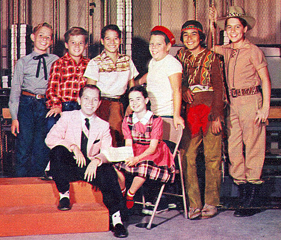 TV’s younger set in 1956. (L-R seated): Ronald Keith, 12 (Leroy on “Great Gildersleeve”), Jeri Lou James, 10 (Josey on “It’s Always Jan”). (L-R standing): Barry Curtis, 12 (Ricky North on “Champion”), Bobby Diamond, 11 (Joey on “Fury”), Ricky Vera, 10 (Benny Romero on “Our Miss Brooks”), Donald Keeler, 11 (Porky Brockway on “Lassie”), Keena Nom Keena, 13 (Keena on “Brave Eagle”), Martin Huston, 12 (Skipper on  “Jungle Jim”).