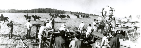 Making TV’s “How the West Was Won” in Canon City, CO. Top photo shows 60 Cavalry Troopers awaiting the arrival of Zeb Macahan (James Arness) and Chief Santangkai (Ricardo Montalban). Bottom photo depicts troopers maneuvering for attack during the Indian war.