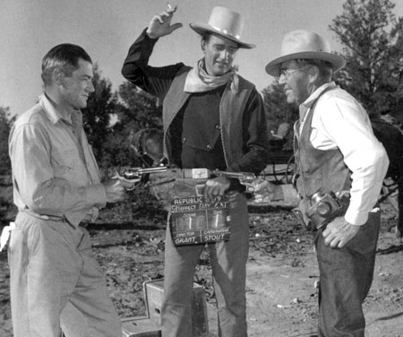 “Angel and the Badman” gag shot on location with director James Edward Grant, John Wayne and cinematographer Archie Stout.