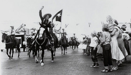 Duncan Renaldo as the Cisco Kid at a parade in the ‘50s in Cisco, TX which is on I-20 between Abilene and Fort Worth. The Texas Rangers accompanying Renaldo were out of Eastland County, TX. (Thanx to Billy Holcomb.)